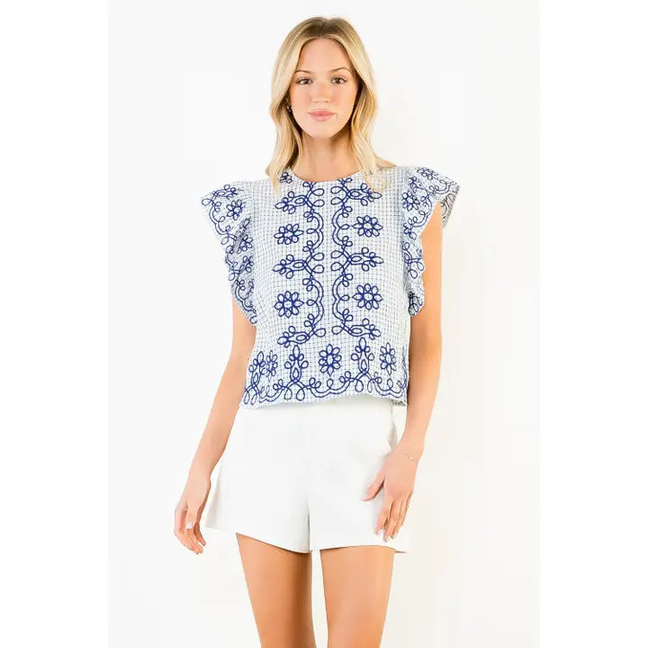 Flutter Sleeve Checkered Pattern Embroidery Top