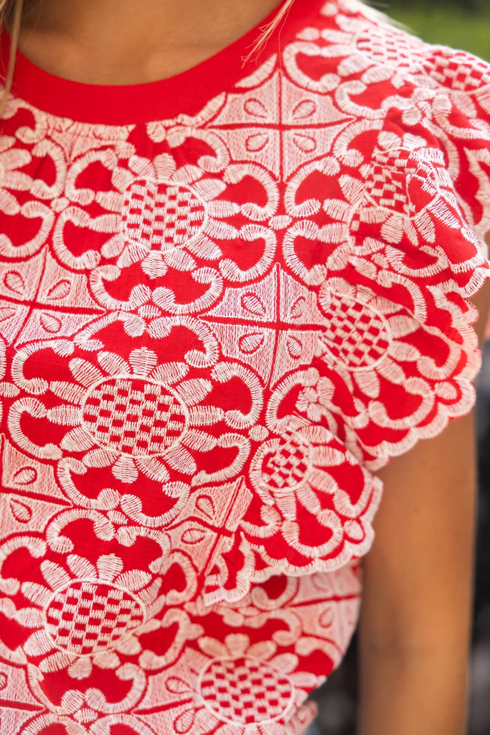 36693 Scallop Ruffle Detail Floral Embroidered Top