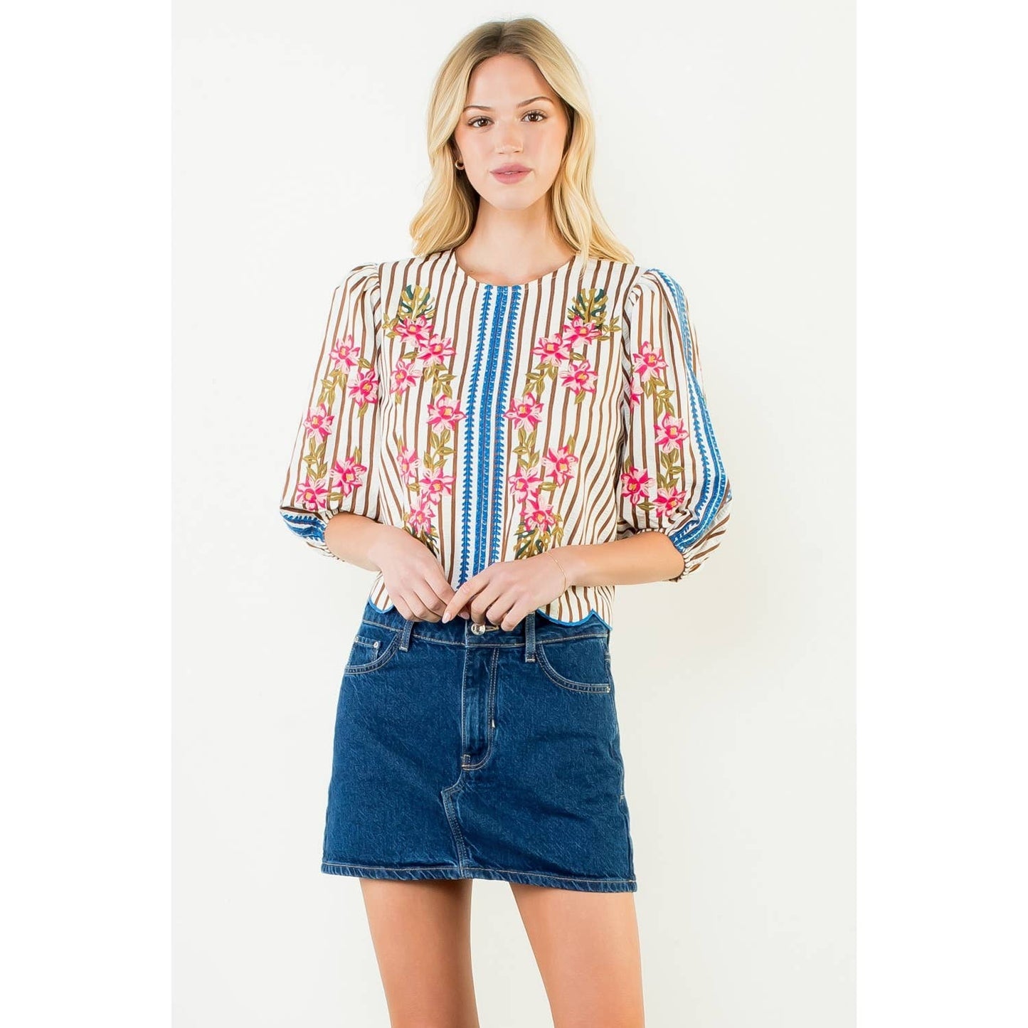 Puff Sleeve Striped Embroidery Detail Top