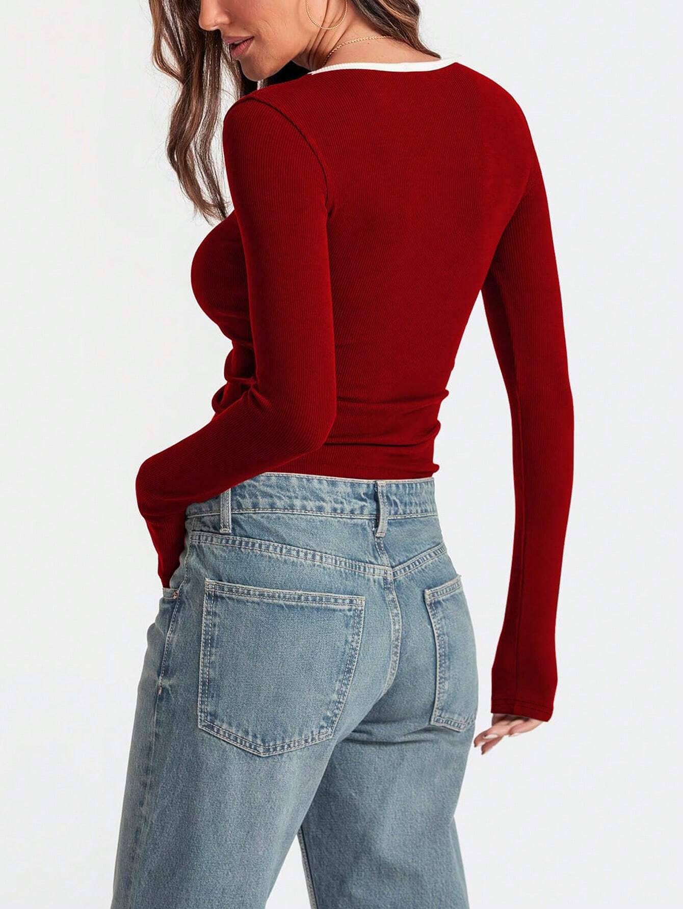 Square-neck y2k basic ribbed long-sleeve