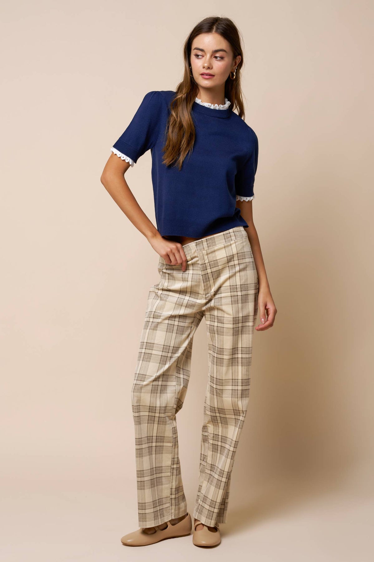 Lace Trim Mock Neck Knit Top