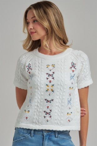 Embroidered Cable Knit Short Sleeve Sweater Top