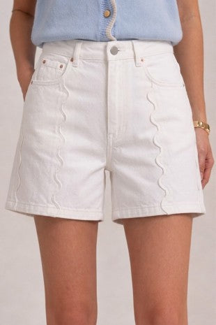 Gameday High Rise Color Denim Shorts With Scallop Front Seam