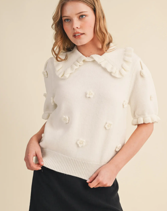 Floral and Pearl Applique Ruffled Sweater