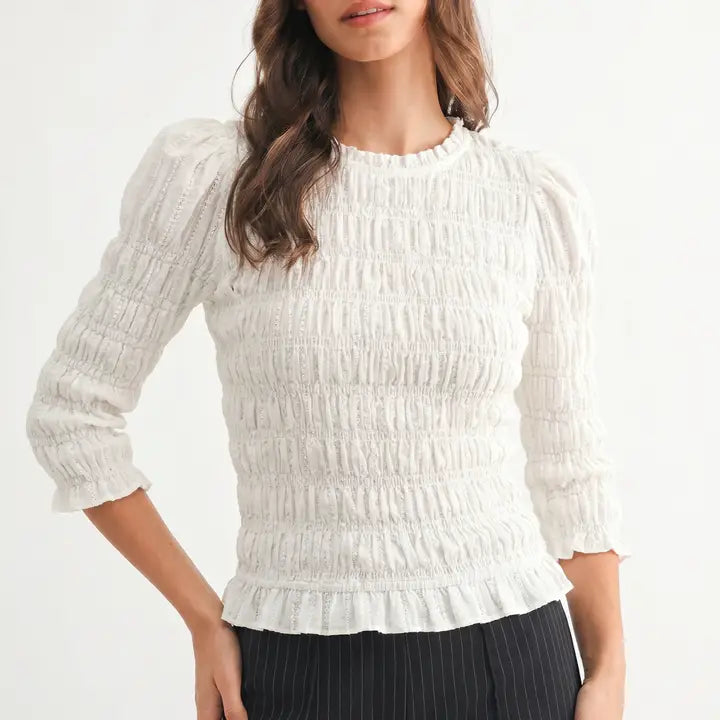 Smocked Ruffle Hem Puff Sleeve Blouse
