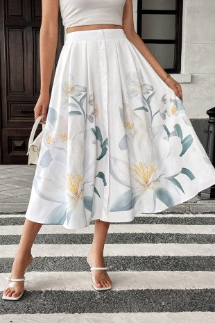 Floral Print A-line Ivory Midi Skirt
