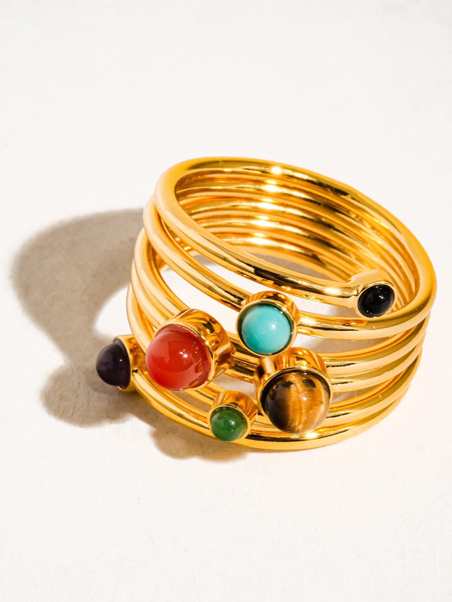 18k Gold Multi Color Stone Layered Ring