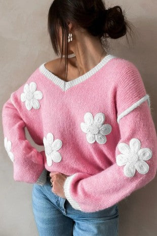 V Neck Contrast Sweater W/ Floral Embellishments