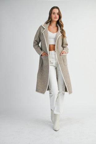 Knit Lapel Collar Open Cardigan With Contrast Trim