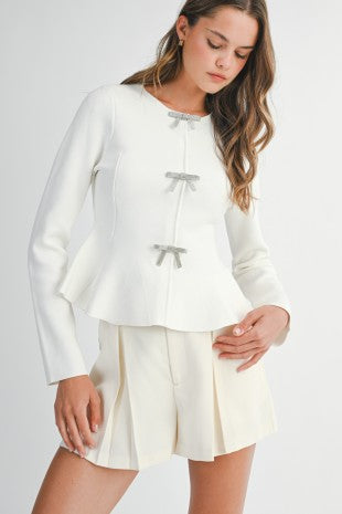 Knit Long Sleeve Jewel Bow Peplum Top
