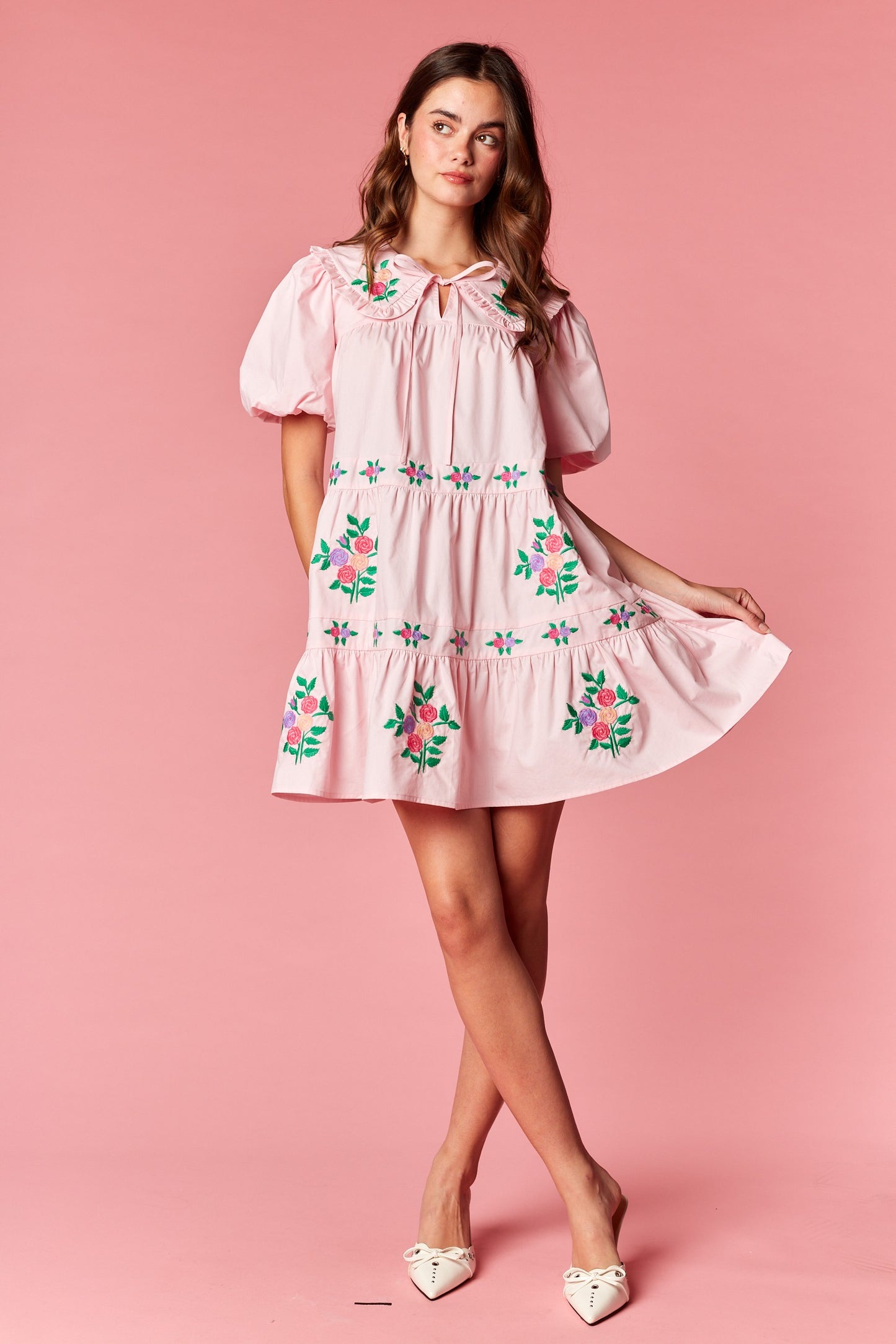 Floral Embroidered Puff Sleeve Tiered Dress