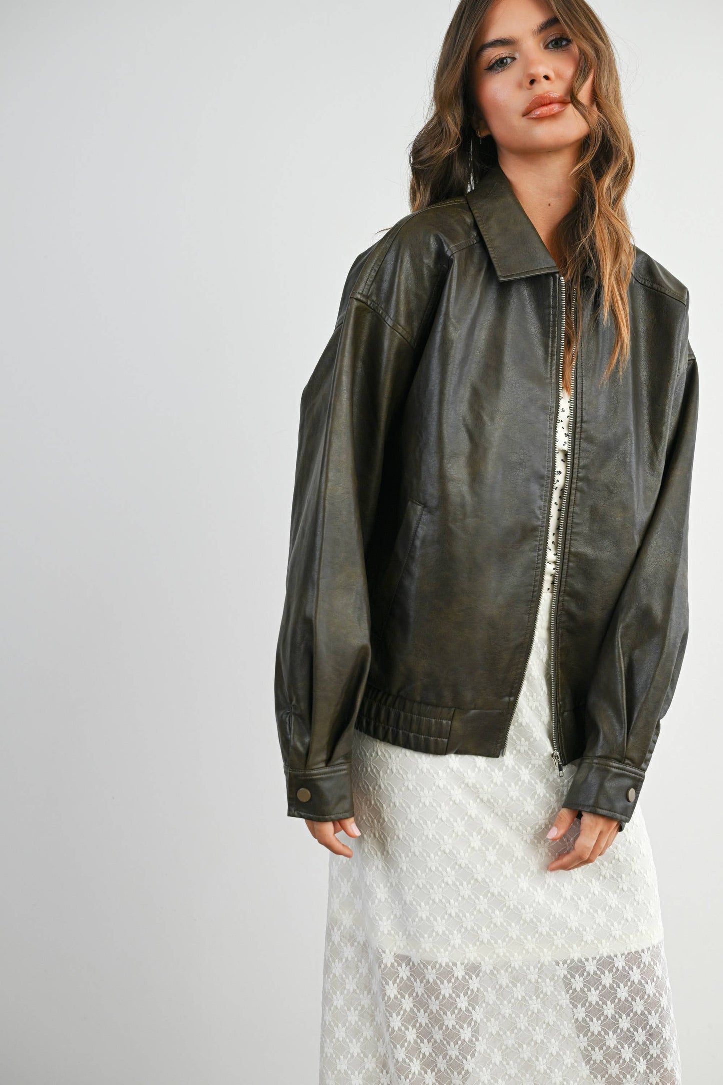 Collared Zip-Front Leather Jacket