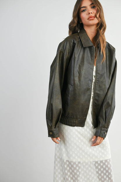 Collared Zip-Front Leather Jacket