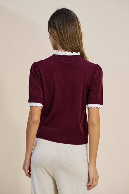 Lace Trim Mock Neck Knit Top