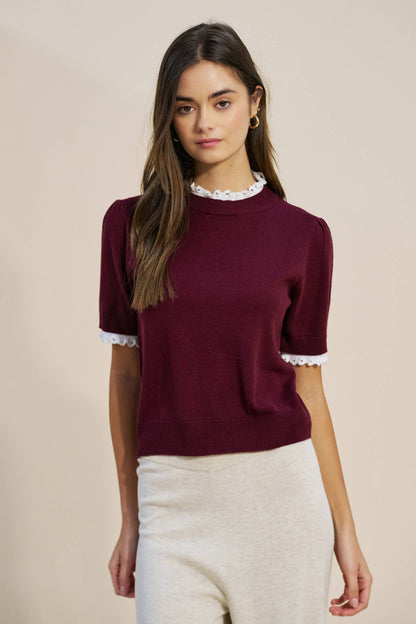Lace Trim Mock Neck Knit Top