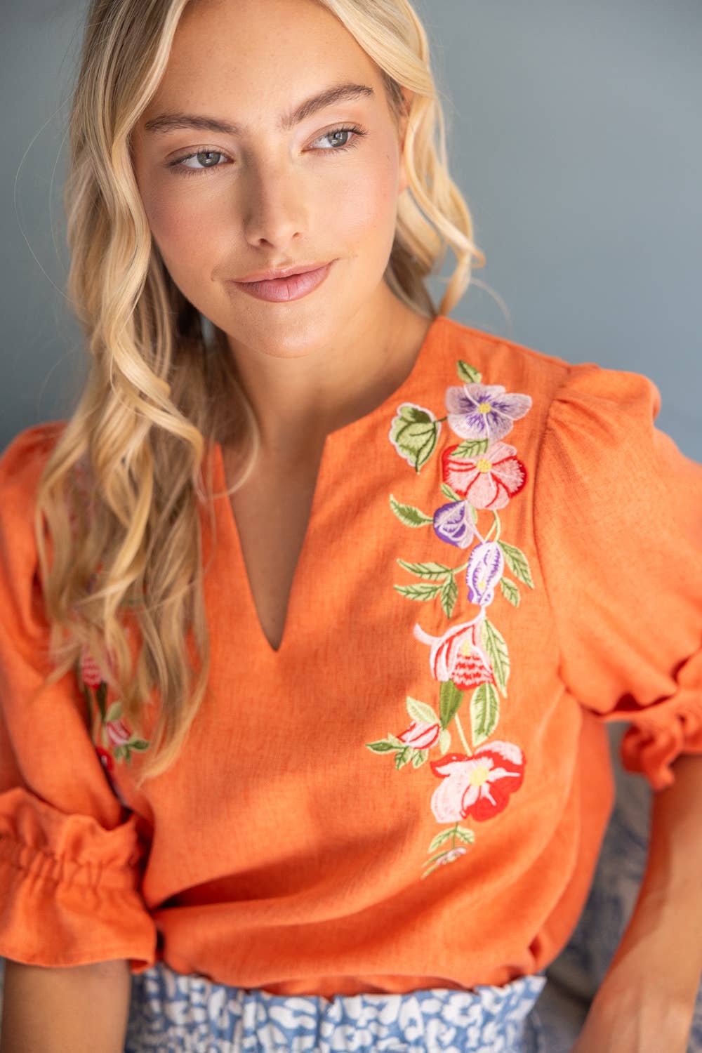 Floral Embroidery Elastic Ruffled Half Sleeve Top