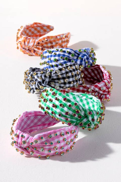 EMBELLISHED GINGHAM KNOTTED HEADBAND