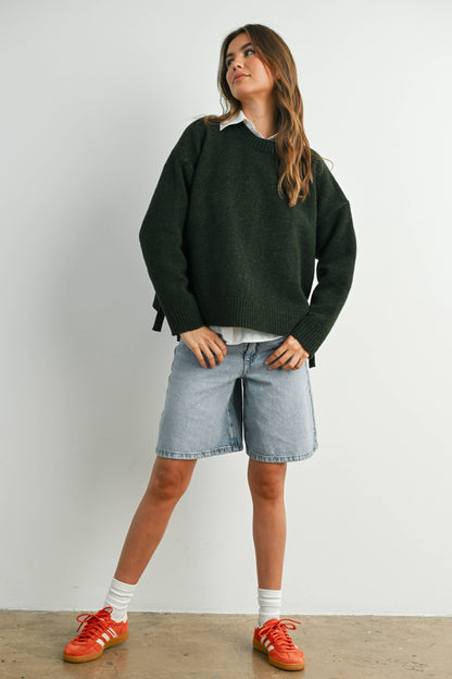 Tie Split-Hem Crewneck Long Sleeve Top