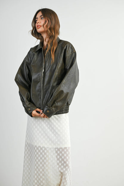 Collared Zip-Front Leather Jacket