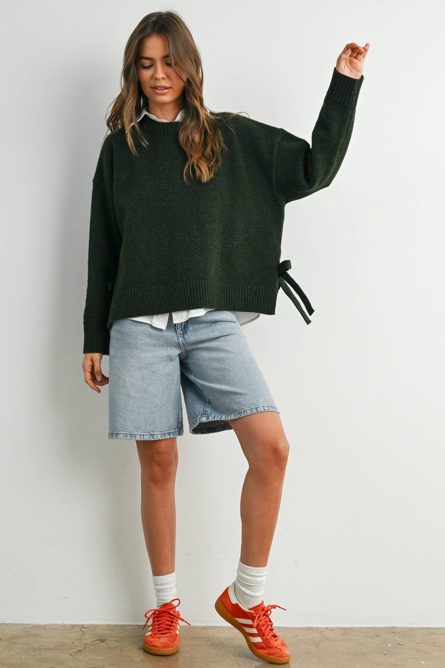 Tie Split-Hem Crewneck Long Sleeve Top