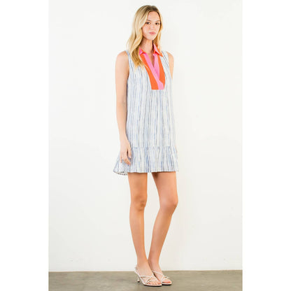 Sleeveless Striped Pattern V-Neck Dress