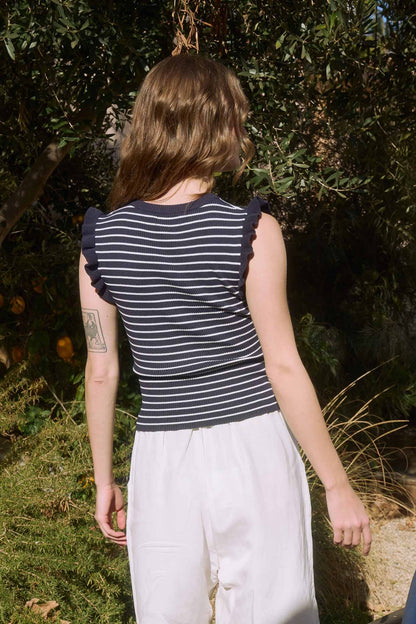 STRIPE RUFFLE TRIM SLEEVELESS PULLOVER SWEATER