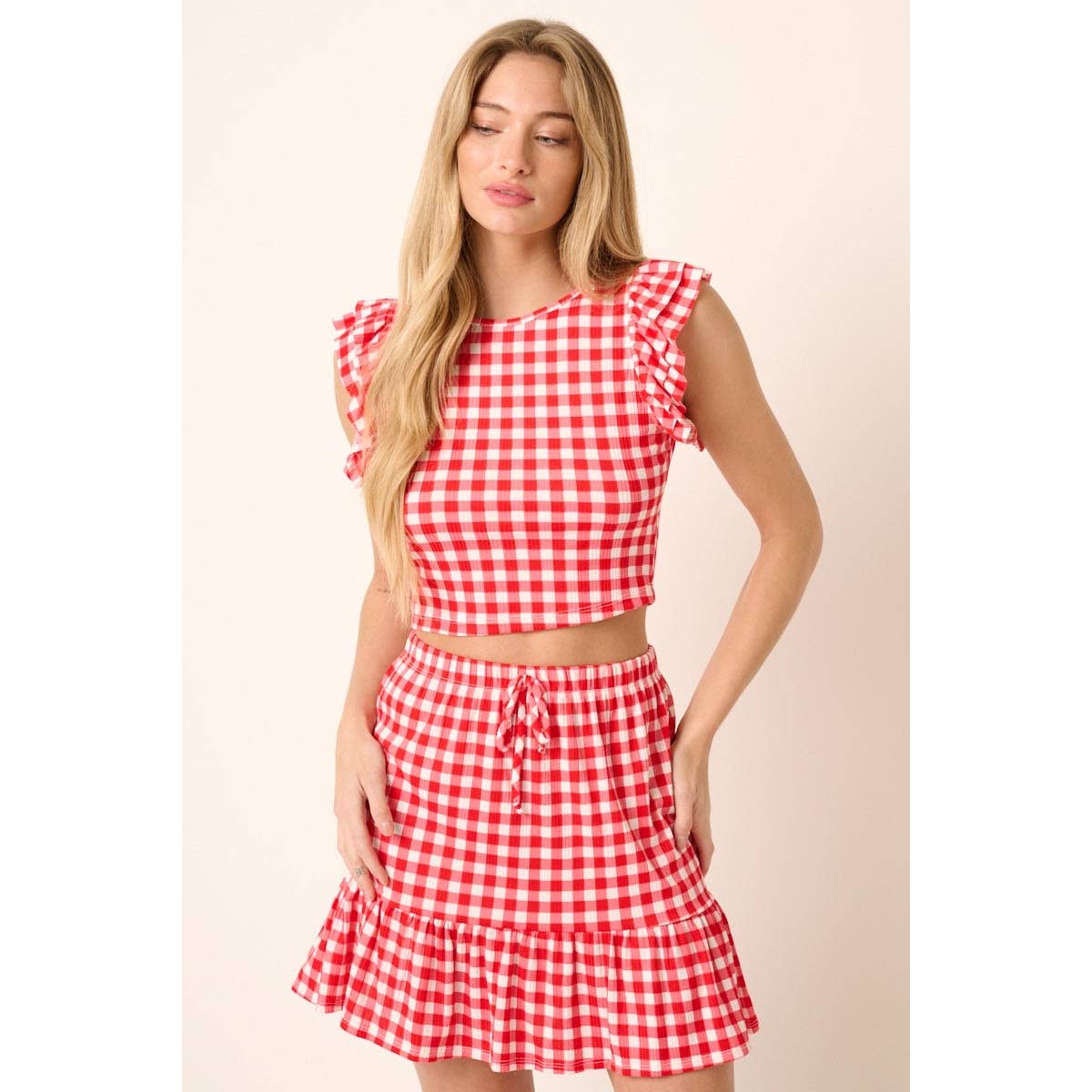 GINGHAM RUFFLE DETAIL CROP TOP