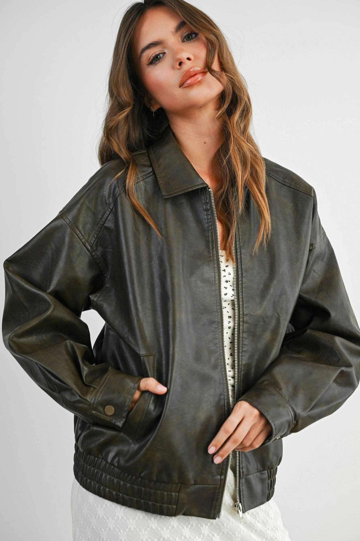 Collared Zip-Front Leather Jacket