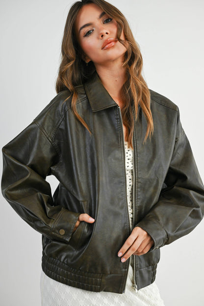 Collared Zip-Front Leather Jacket