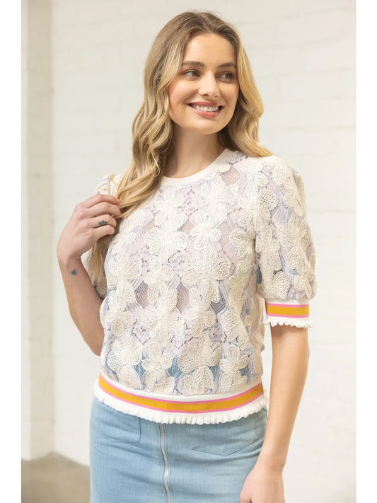 Stripe Ribbed Band Floral Embroidered Lace Top
