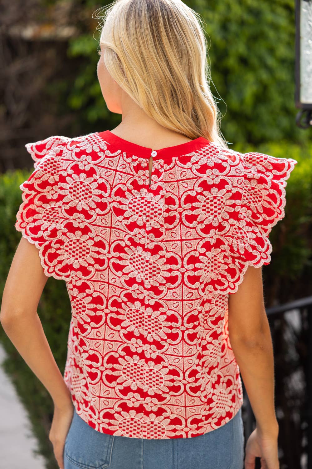 36693 Scallop Ruffle Detail Floral Embroidered Top