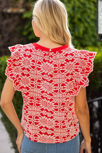36693 Scallop Ruffle Detail Floral Embroidered Top