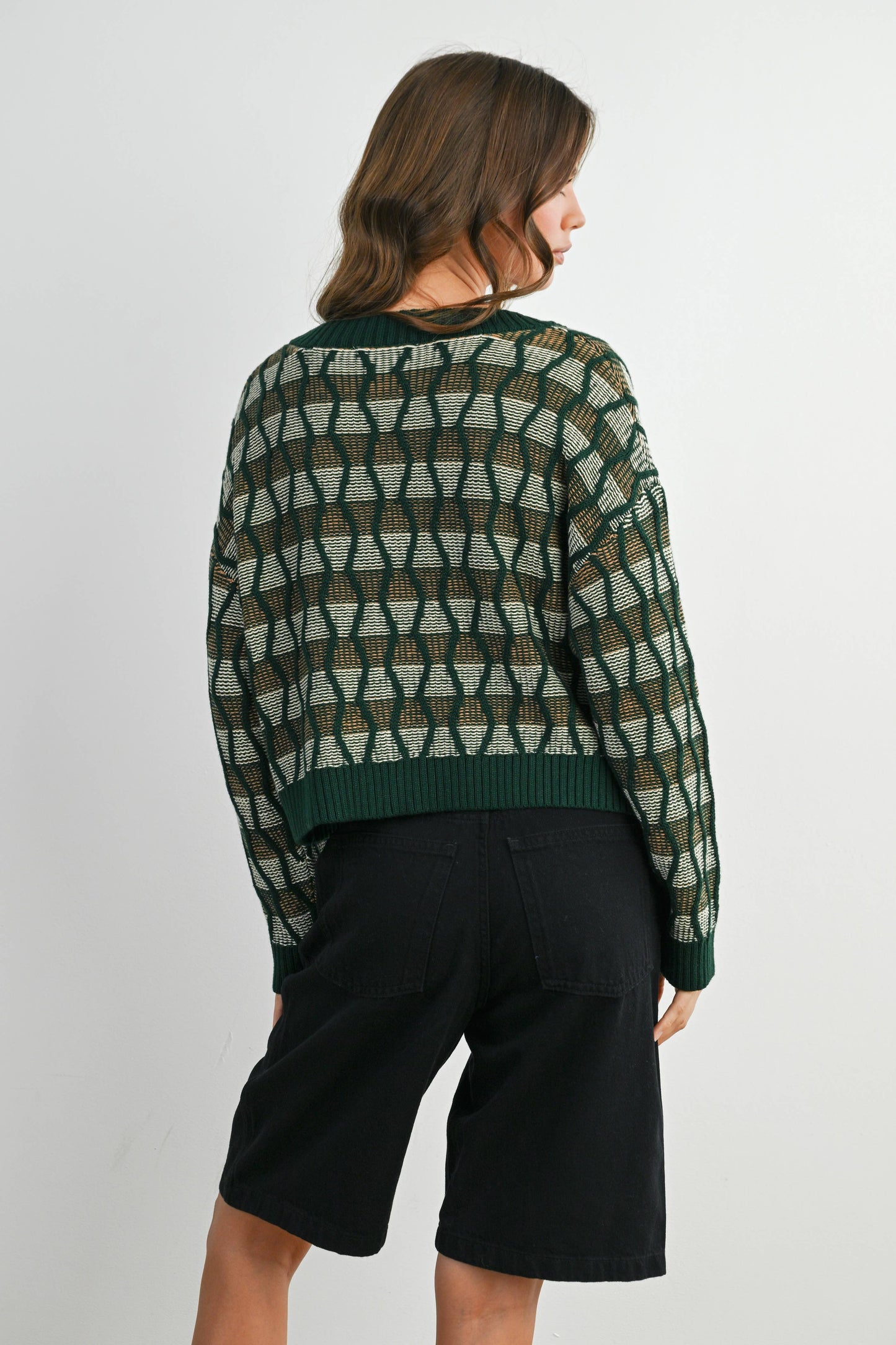 Geometric V-Neck Button-Down Long Sleeve Top