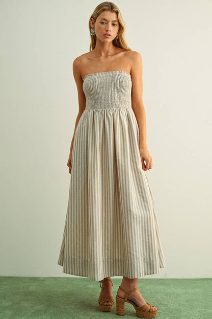STRIPED FABRIC WITH SMOCKING TOP MAXI DRESS