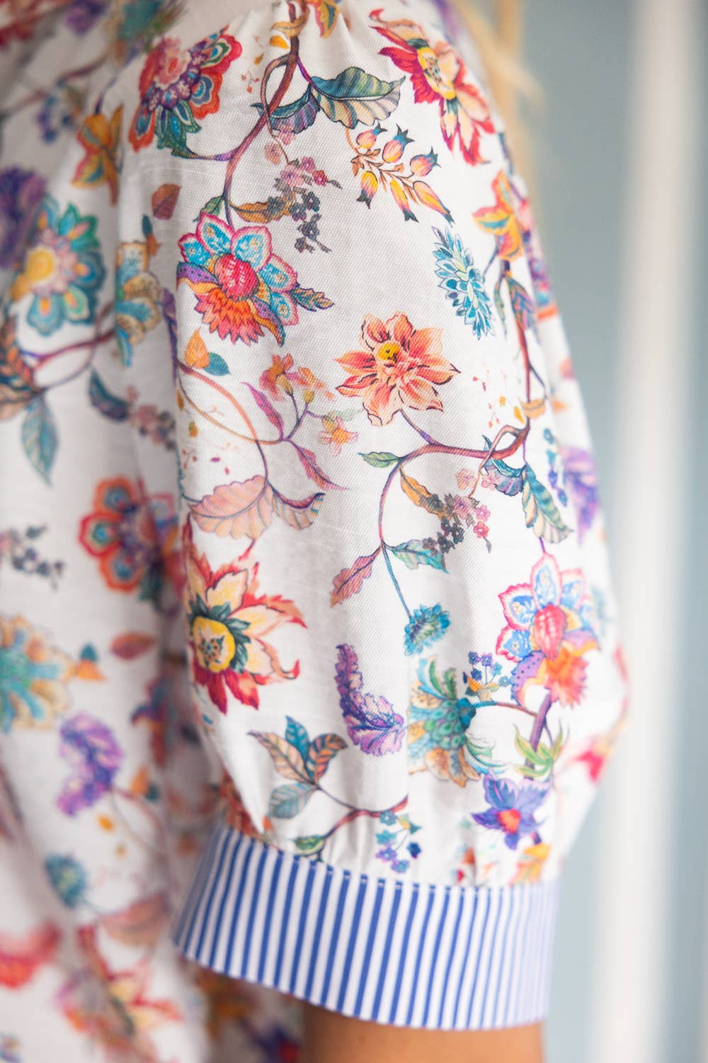 Contrast Stripe Band Quarter Button Down Floral Top