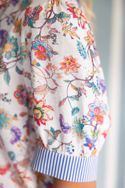 Contrast Stripe Band Quarter Button Down Floral Top