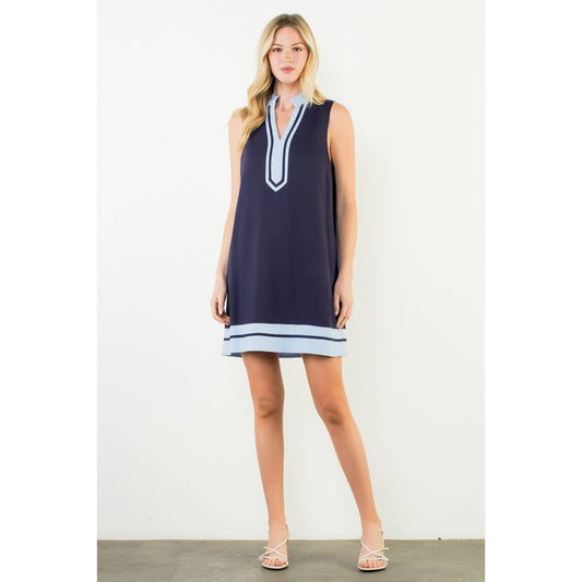 Sleeveless Split Neck Contrast Trim Dress