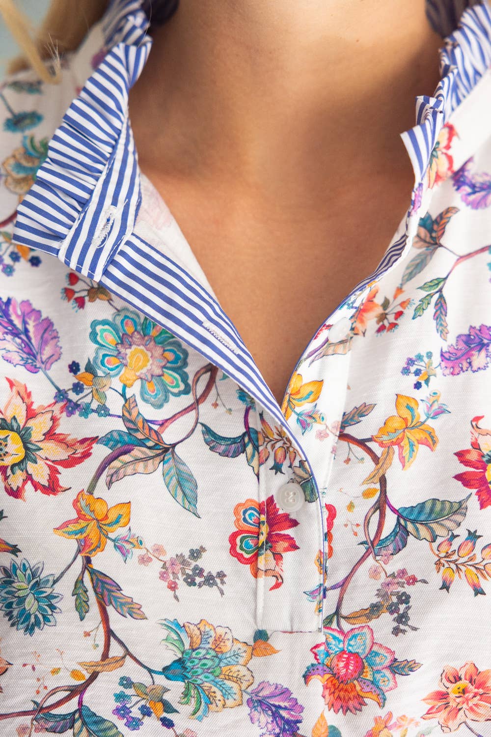 Contrast Stripe Band Quarter Button Down Floral Top