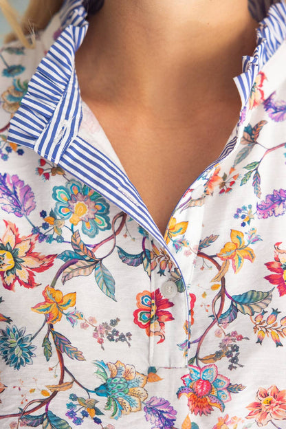 Contrast Stripe Band Quarter Button Down Floral Top