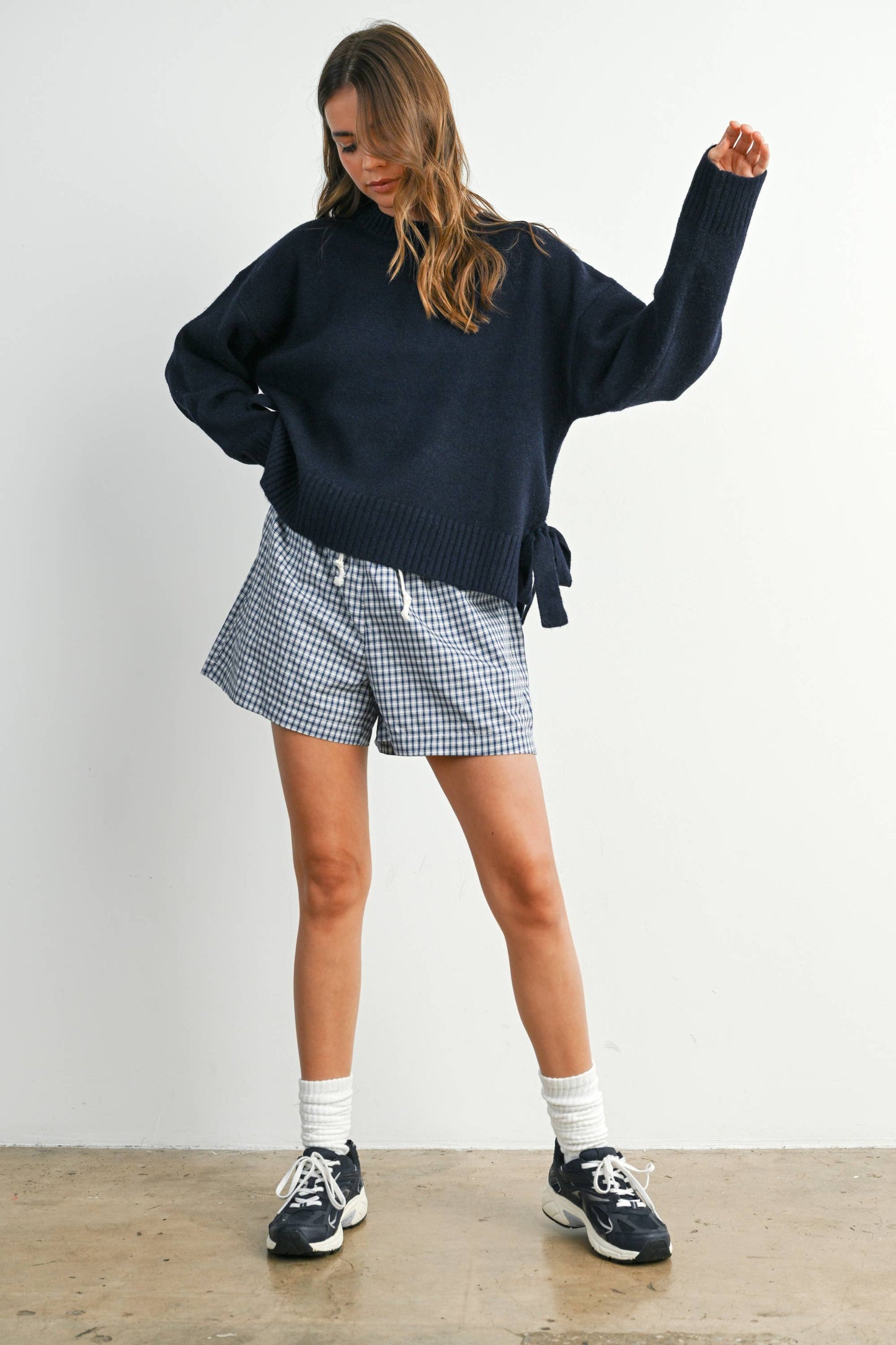 Tie Split-Hem Crewneck Long Sleeve Top