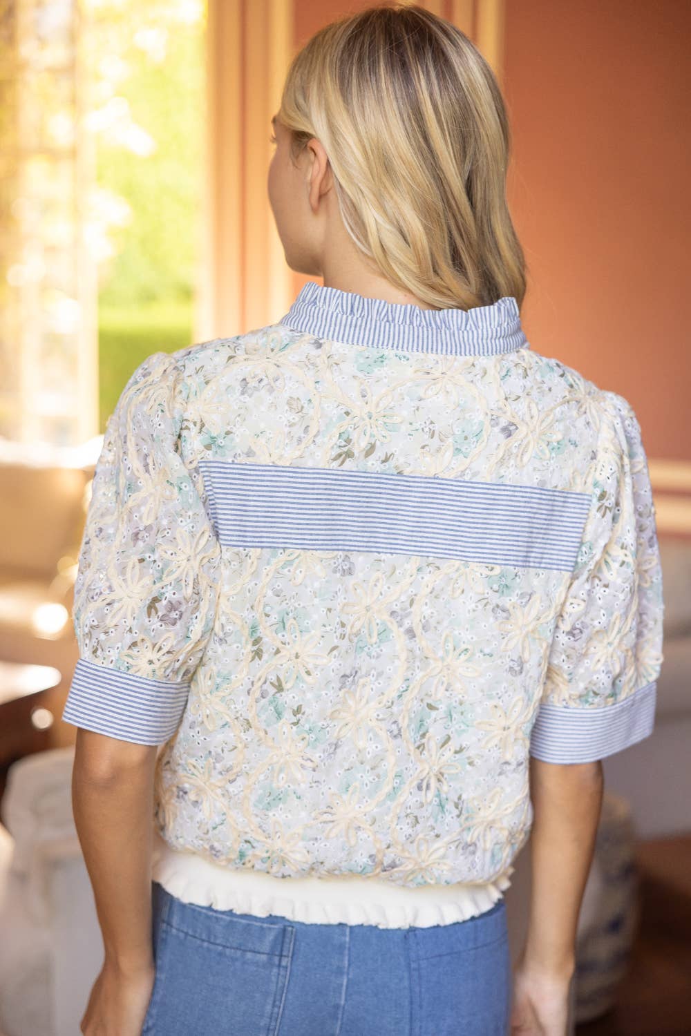 36755 Stripe Contrast Detail Floral Embroidered Top