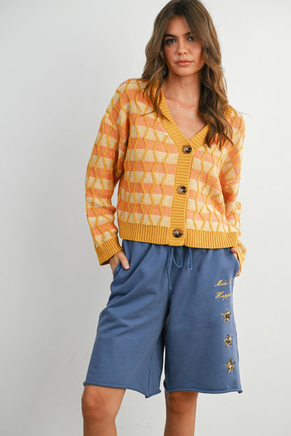 Geometric V-Neck Button-Down Long Sleeve Top