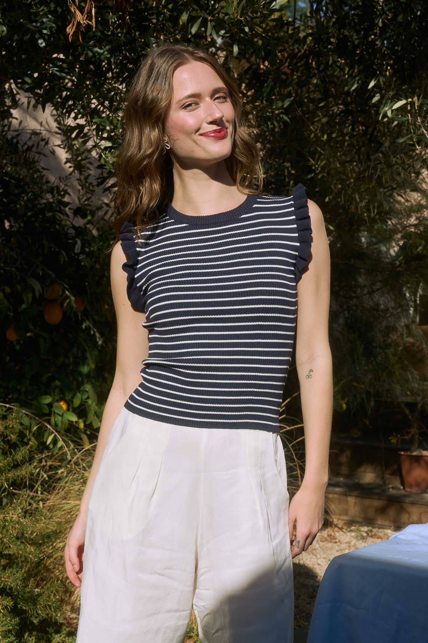 STRIPE RUFFLE TRIM SLEEVELESS PULLOVER SWEATER