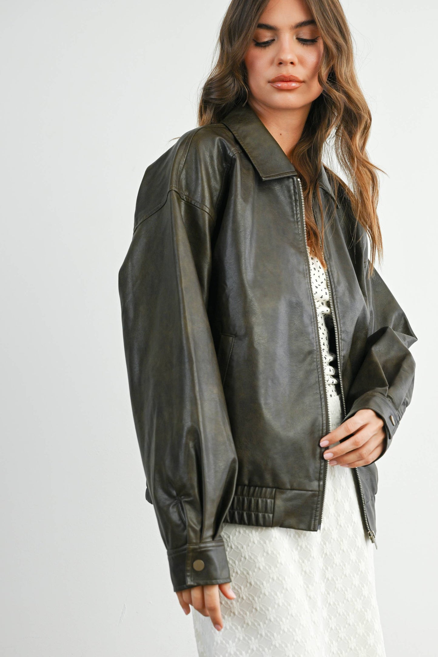 Collared Zip-Front Leather Jacket