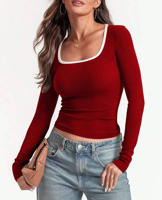 Square-neck y2k basic ribbed long-sleeve