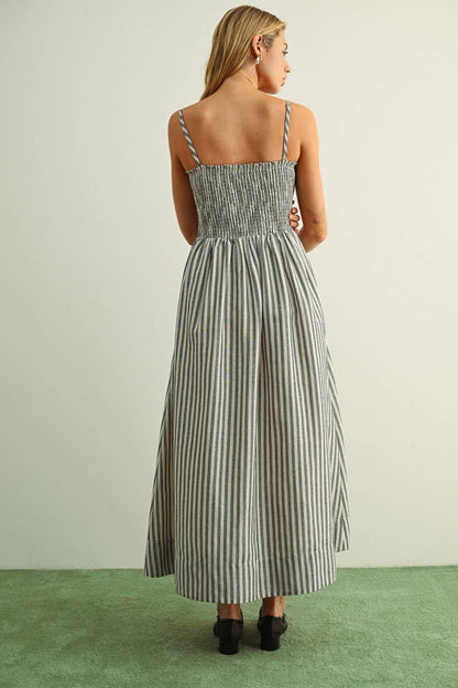 STRIPED FABRIC WITH SMOCKING TOP MAXI DRESS