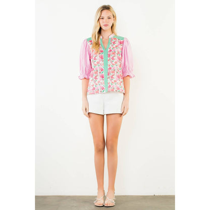 Short Sleeve Mixed Media V-Neck Top