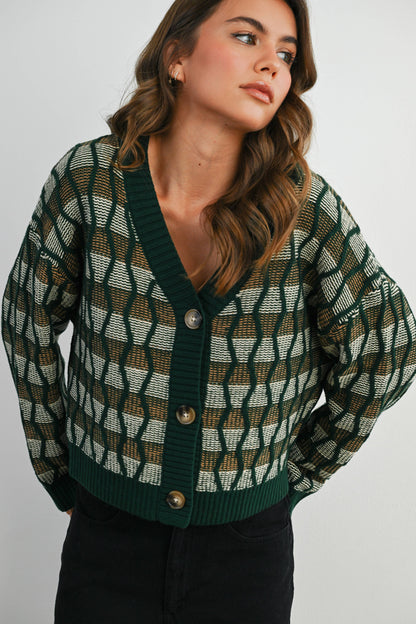 Geometric V-Neck Button-Down Long Sleeve Top