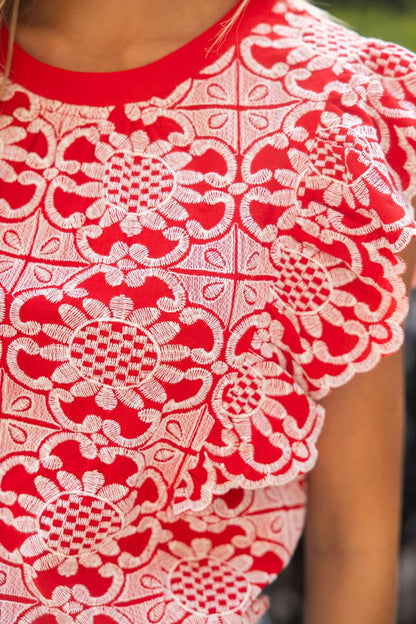 36693 Scallop Ruffle Detail Floral Embroidered Top