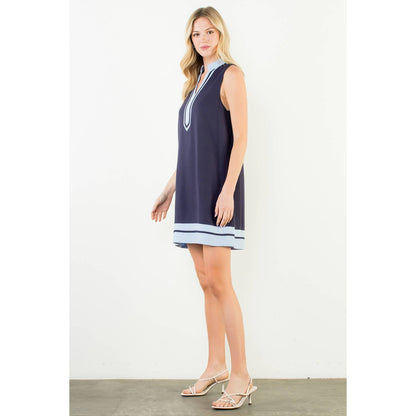 Sleeveless Split Neck Contrast Trim Dress